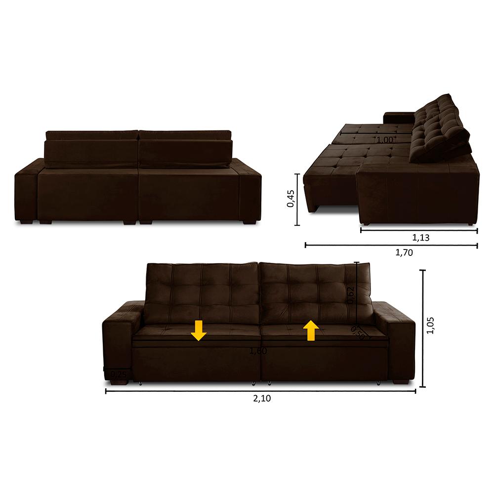 Sofá Retrátil e Reclinável 3 Lugares com Molas 2,10m Duda Suede Marrom Adonai Estofados