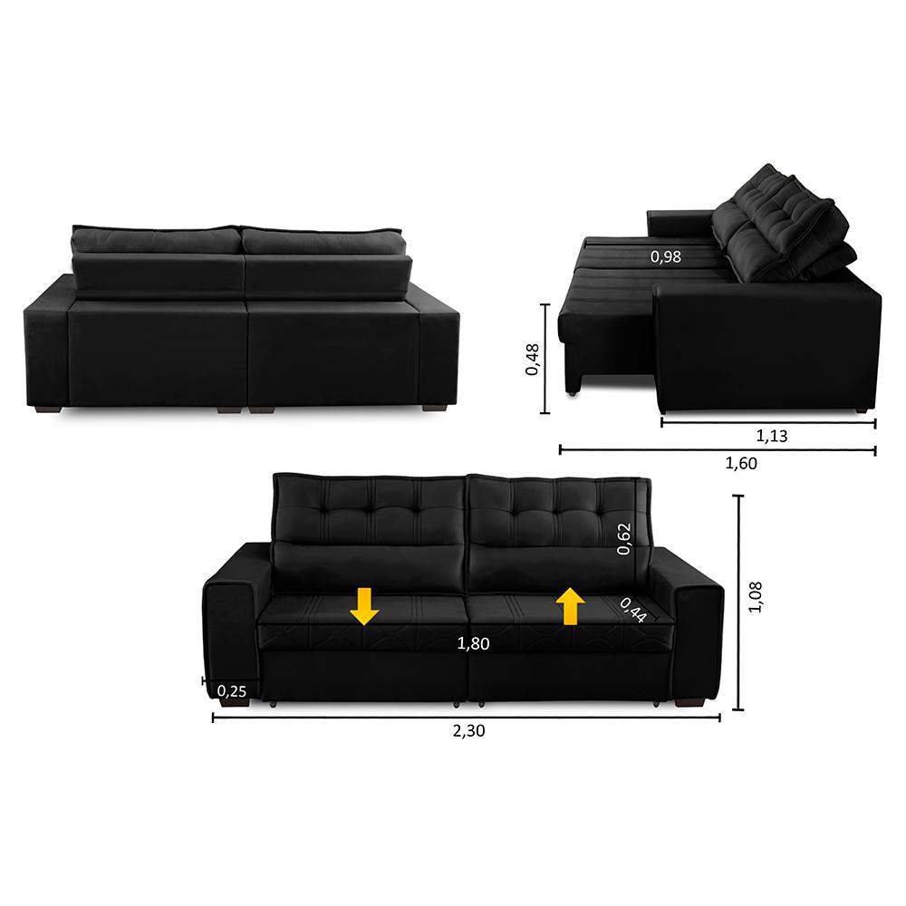 Sofá Retrátil e Reclinável 3 Lugares com Molas 2,30m Camila Suede Preto Adonai Estofados