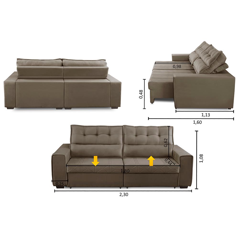 Sofá Retrátil e Reclinável 3 Lugares com Molas 2,30m Dani Suede Cappuccino Adonai Estofados