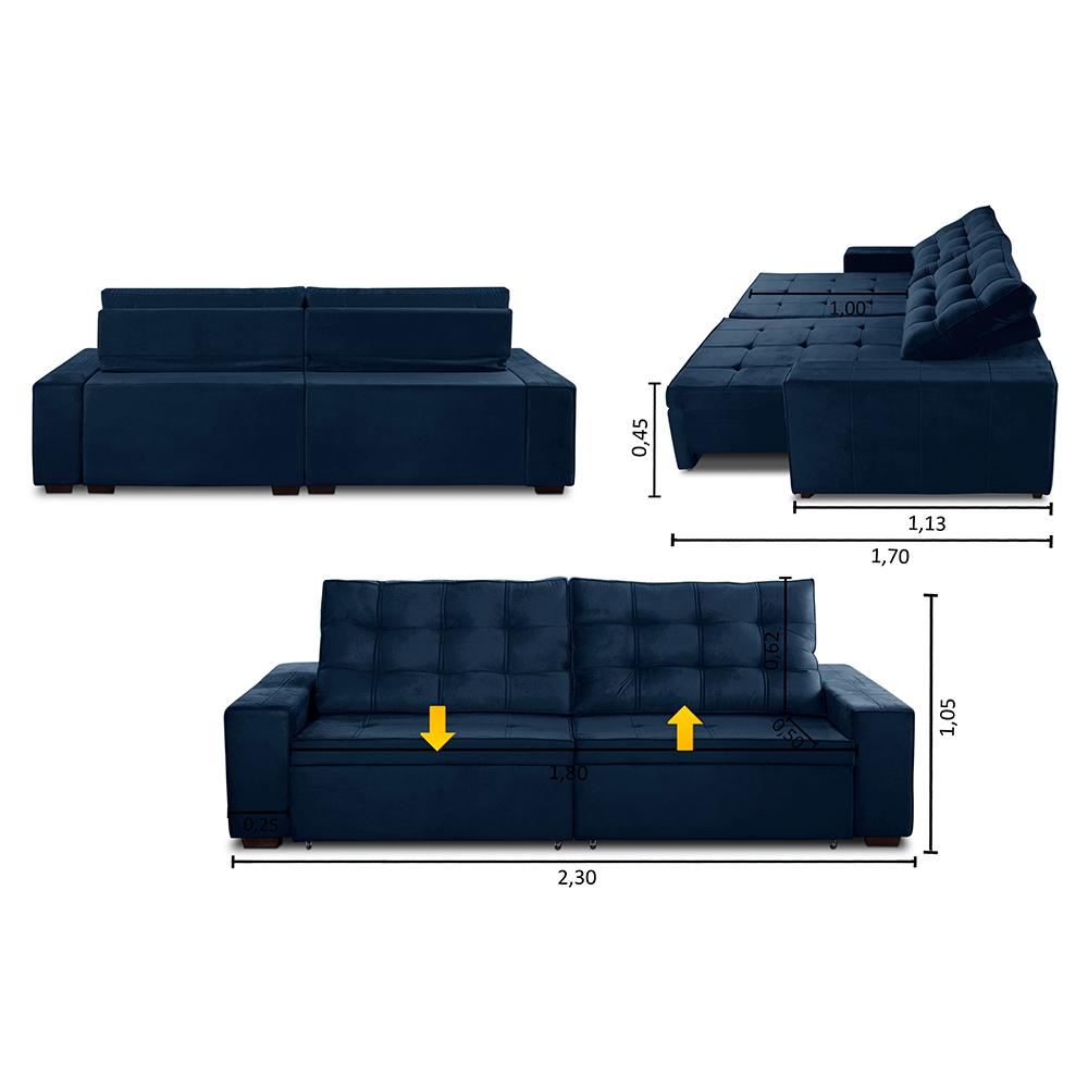Sofá Retrátil e Reclinável 3 Lugares com Molas 2,30m Duda Suede Azul Adonai Estofados