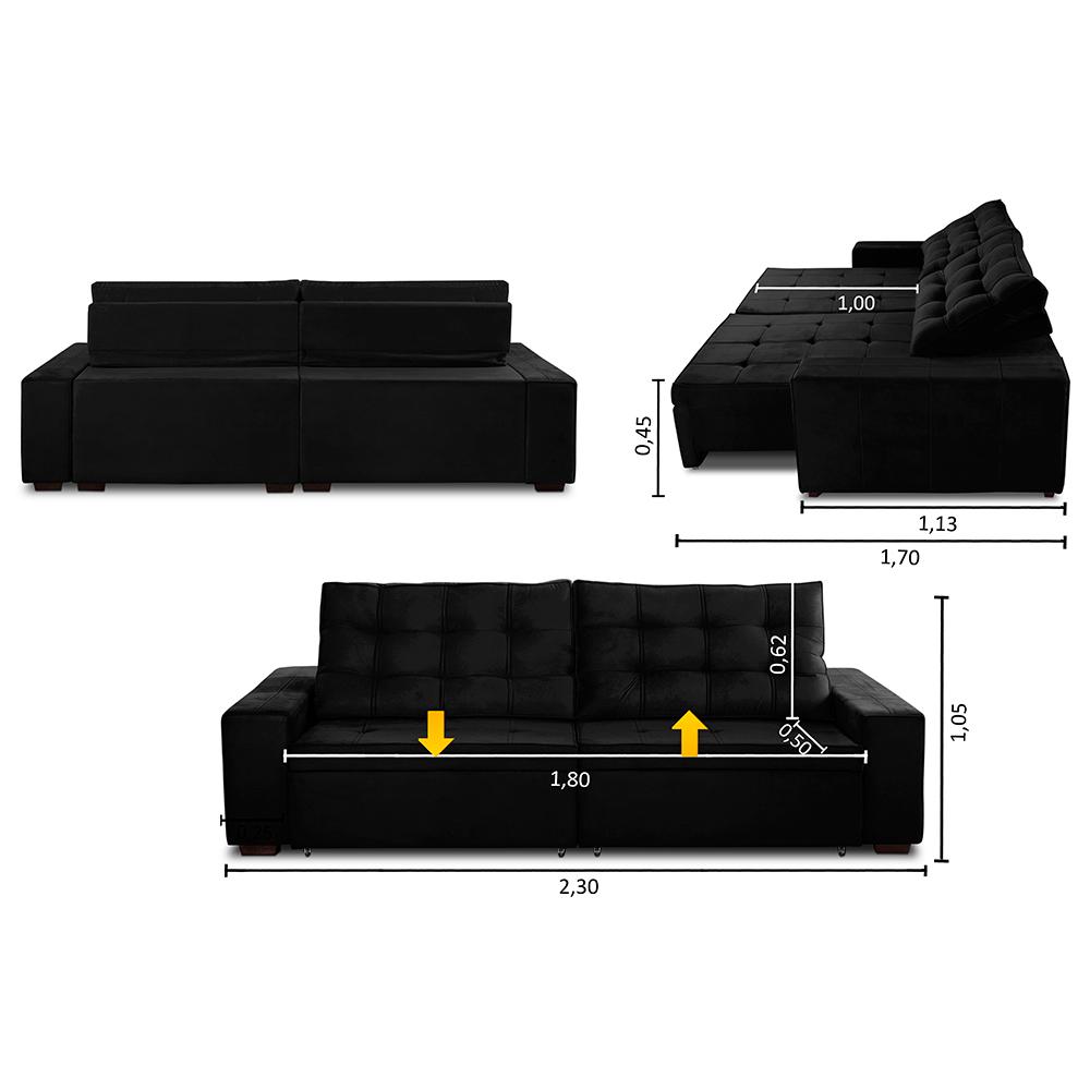 Sofá Retrátil e Reclinável 3 Lugares com Molas 2,30m Duda Suede Preto Adonai Estofados