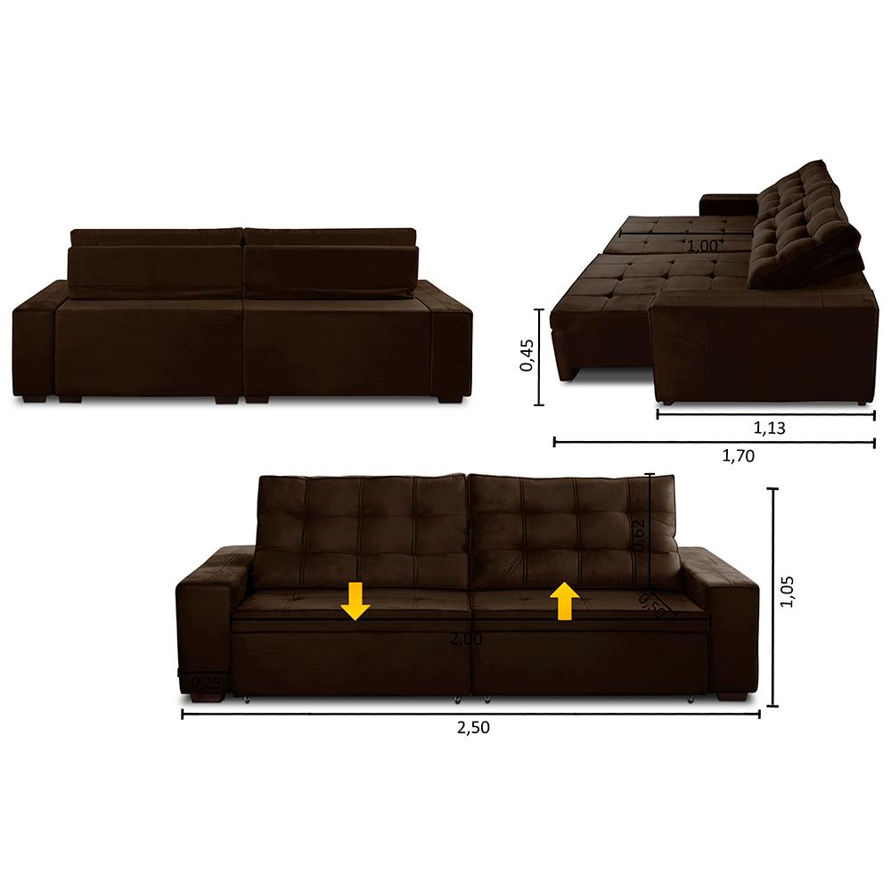 Sofá Retrátil e Reclinável 3 Lugares com Molas 2,50m Duda Suede Marrom Adonai Estofados
