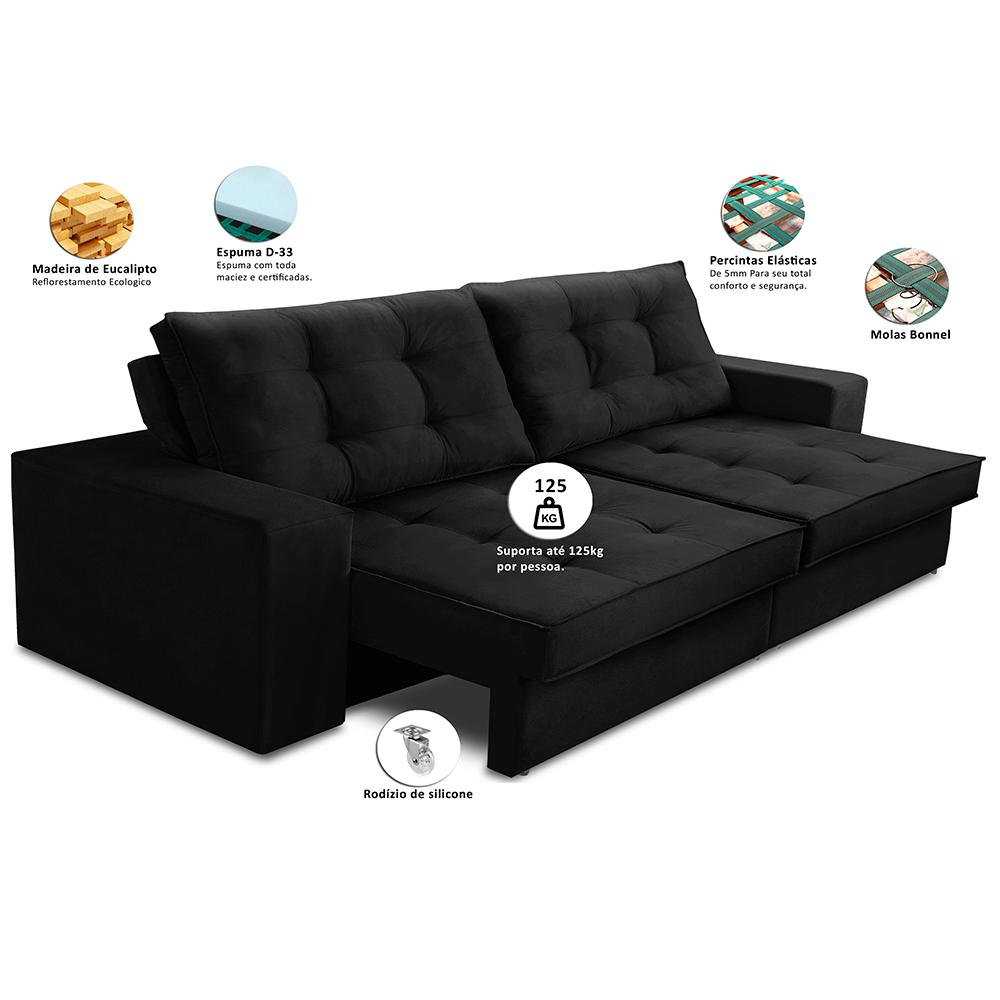 Sofá Retrátil e Reclinável 3 lugares 2,10m com Molas Marcela Suede Preto Adonai Estofados