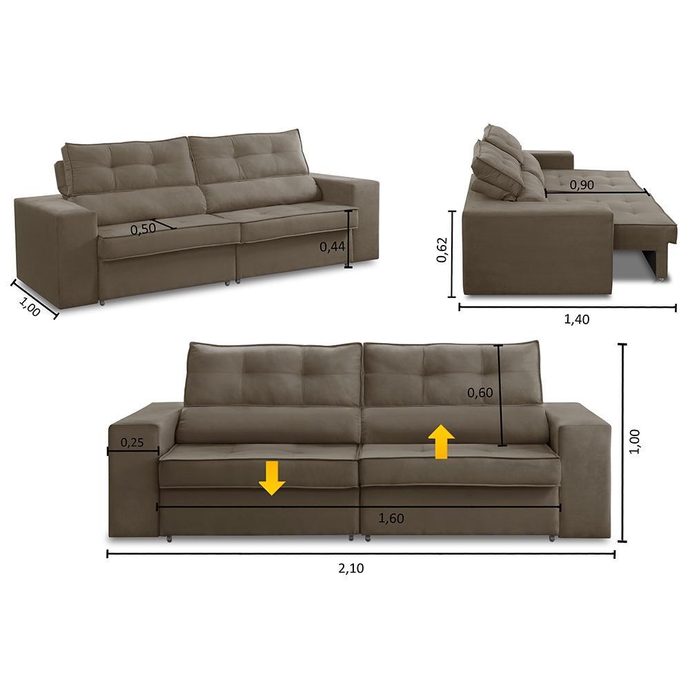 Sofá Retrátil e Reclinável 3 lugares 2,10m com Molas Mirela Suede Cappuccino Adonai Estofados