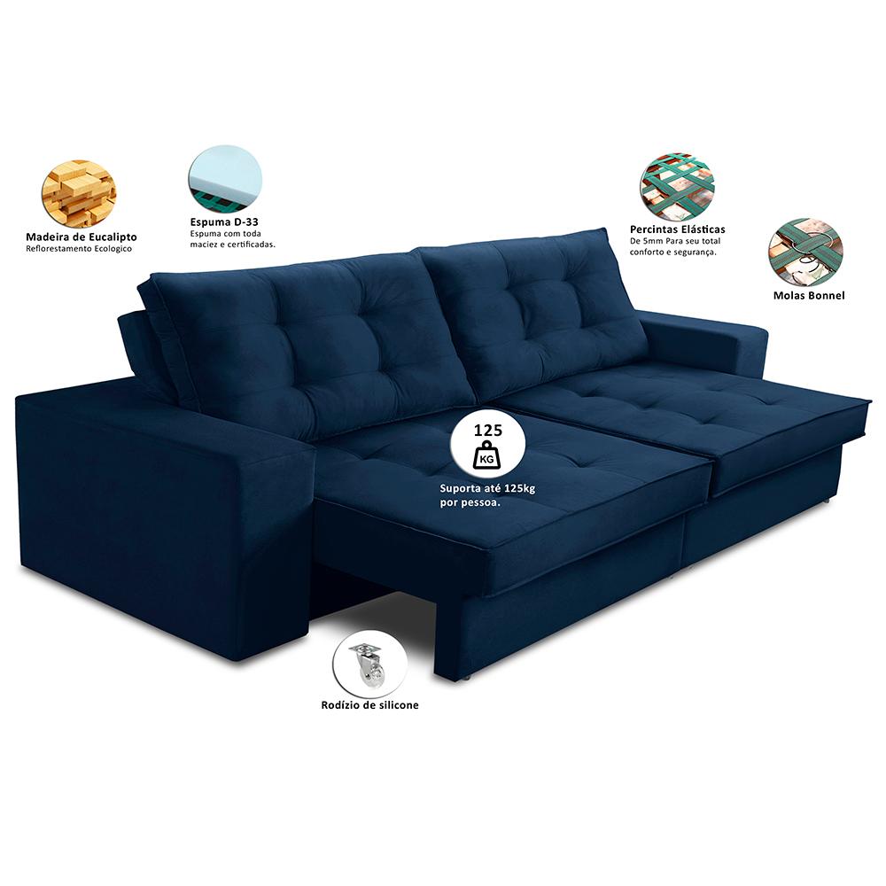 Sofá Retrátil e Reclinável 3 lugares 2,30m com Molas Marcela Suede Azul Adonai Estofados