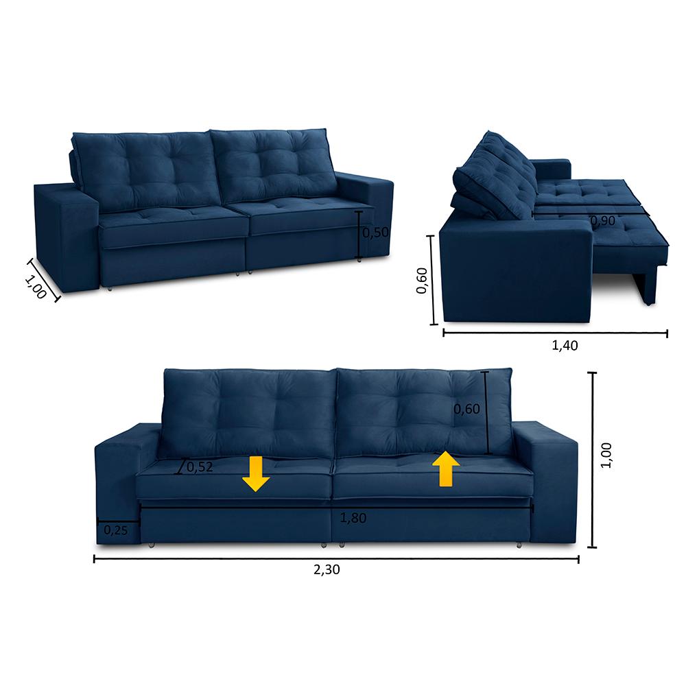 Sofá Retrátil e Reclinável 3 lugares 2,30m com Molas Marcela Suede Azul Adonai Estofados