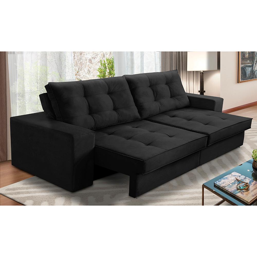 Sofá Retrátil e Reclinável 3 lugares 2,30m com Molas Marcela Suede Preto Adonai Estofados