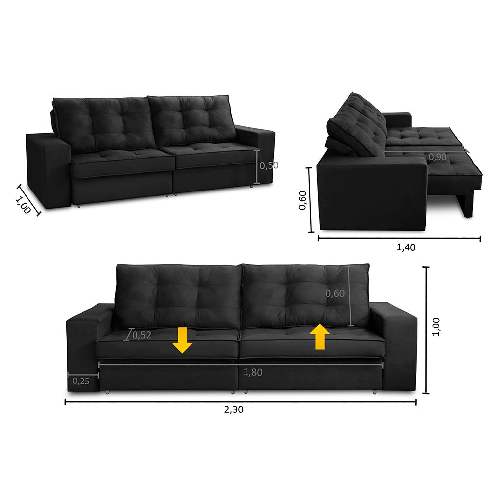Sofá Retrátil e Reclinável 3 lugares 2,30m com Molas Marcela Suede Preto Adonai Estofados