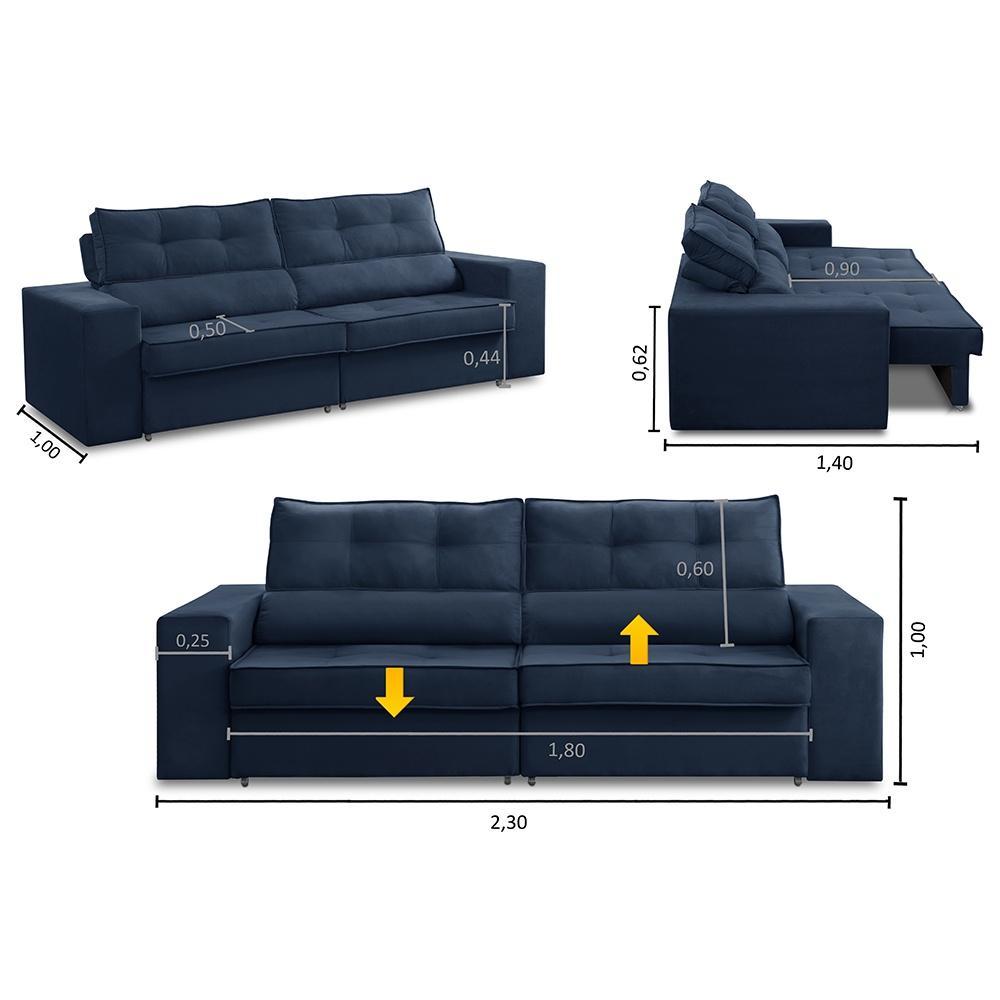 Sofá Retrátil e Reclinável 3 lugares 2,30m com Molas Mirela Suede Azul Adonai Estofados