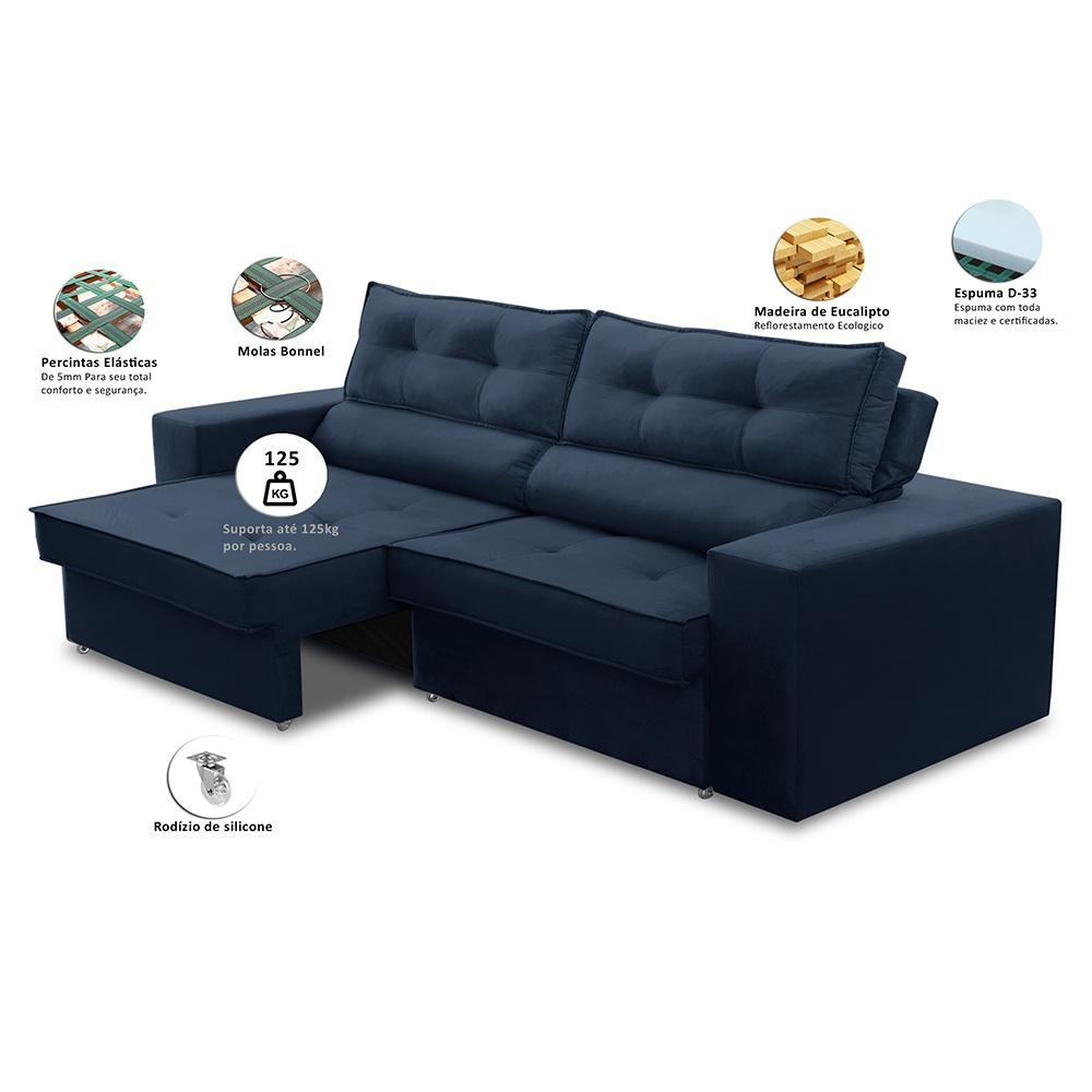 Sofá Retrátil e Reclinável 3 lugares 2,30m com Molas Mirela Suede Azul Adonai Estofados