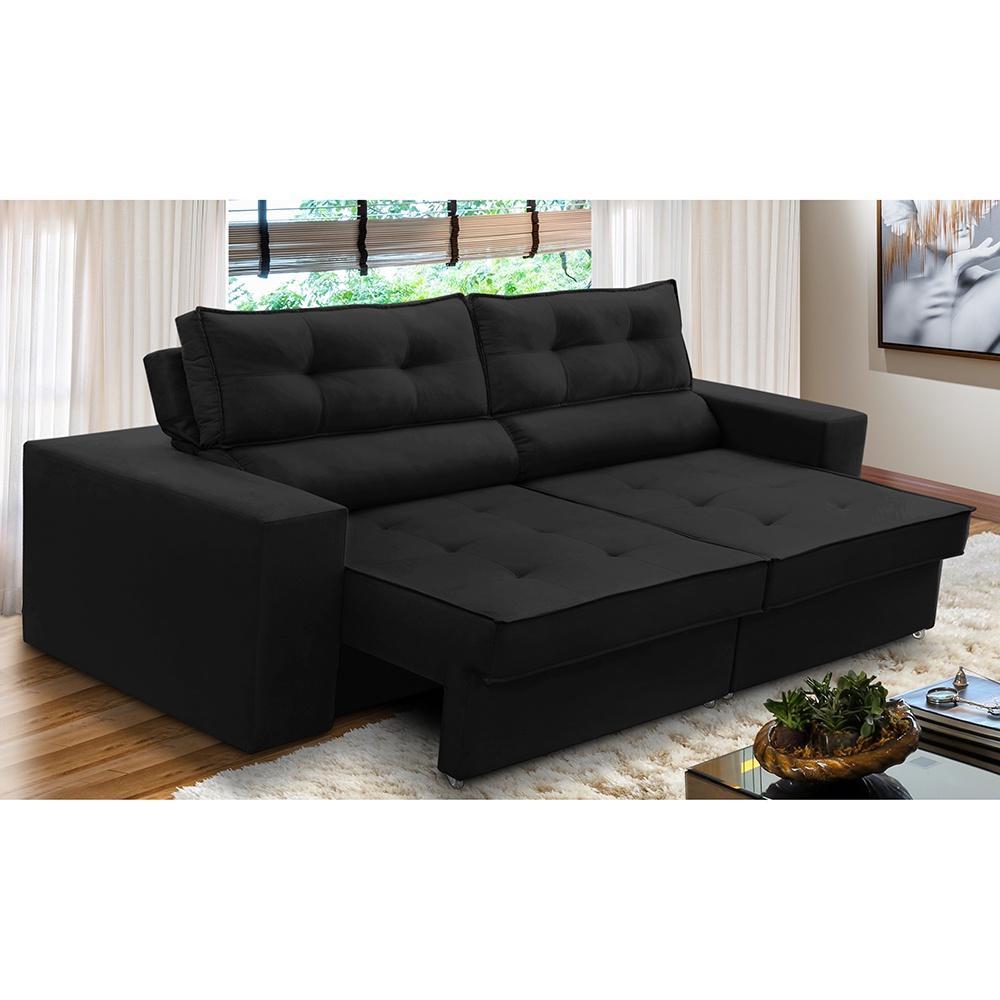Sofá Retrátil e Reclinável 3 lugares 2,30m com Molas Mirela Suede Preto Adonai Estofados