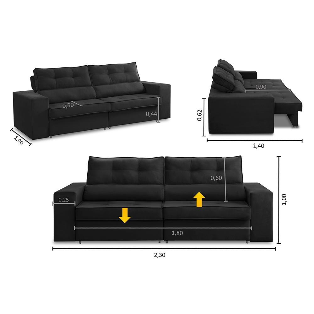 Sofá Retrátil e Reclinável 3 lugares 2,30m com Molas Mirela Suede Preto Adonai Estofados