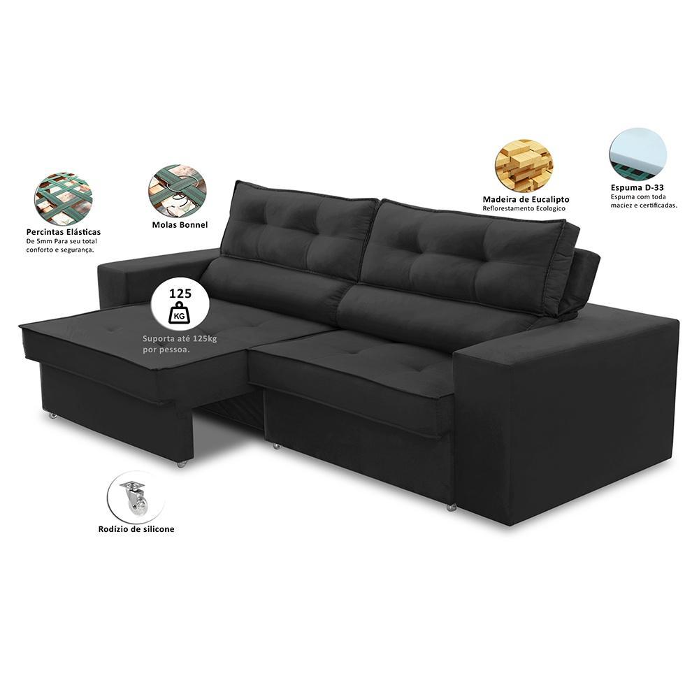 Sofá Retrátil e Reclinável 3 lugares 2,30m com Molas Mirela Suede Preto Adonai Estofados