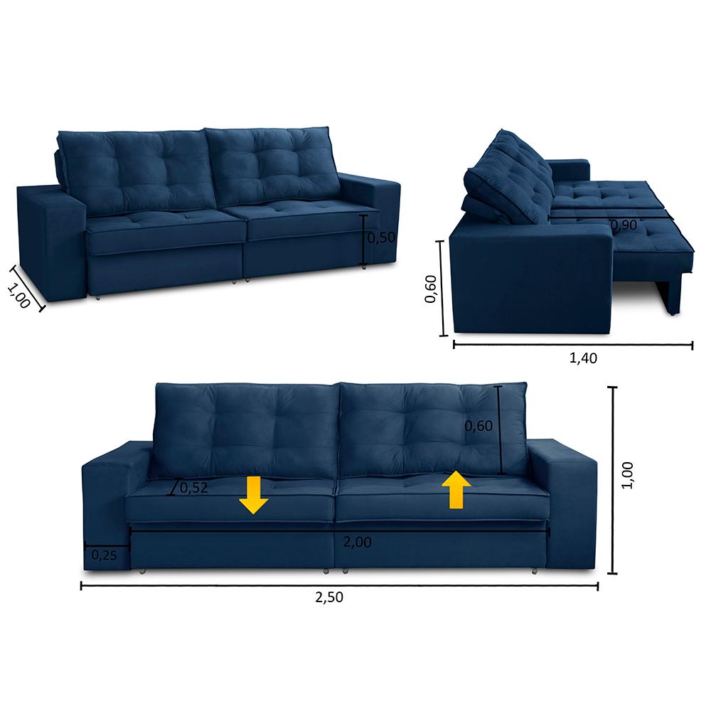 Sofá Retrátil e Reclinável 3 lugares 2,50m com Molas Marcela Suede Azul Adonai Estofados