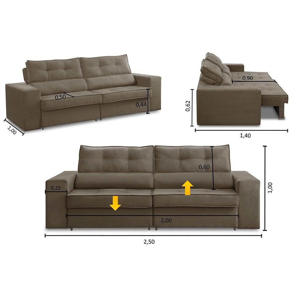 Sofá Retrátil e Reclinável 3 lugares 2,50m com Molas Mirela Suede Cappuccino Adonai Estofados