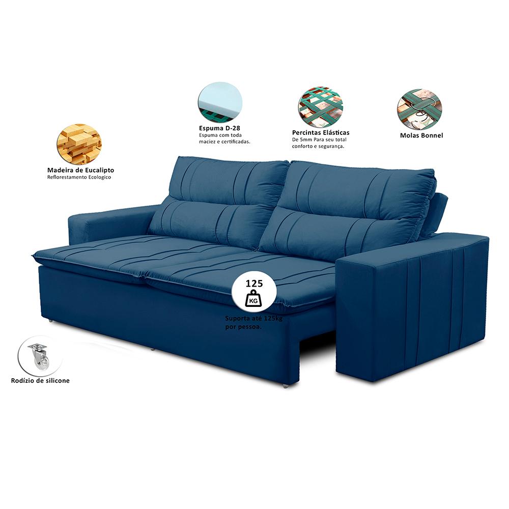 Sofá Retrátil e Reclinável 3 lugares com Molas 1,80m Ester Suede Azul Adonai Estofados