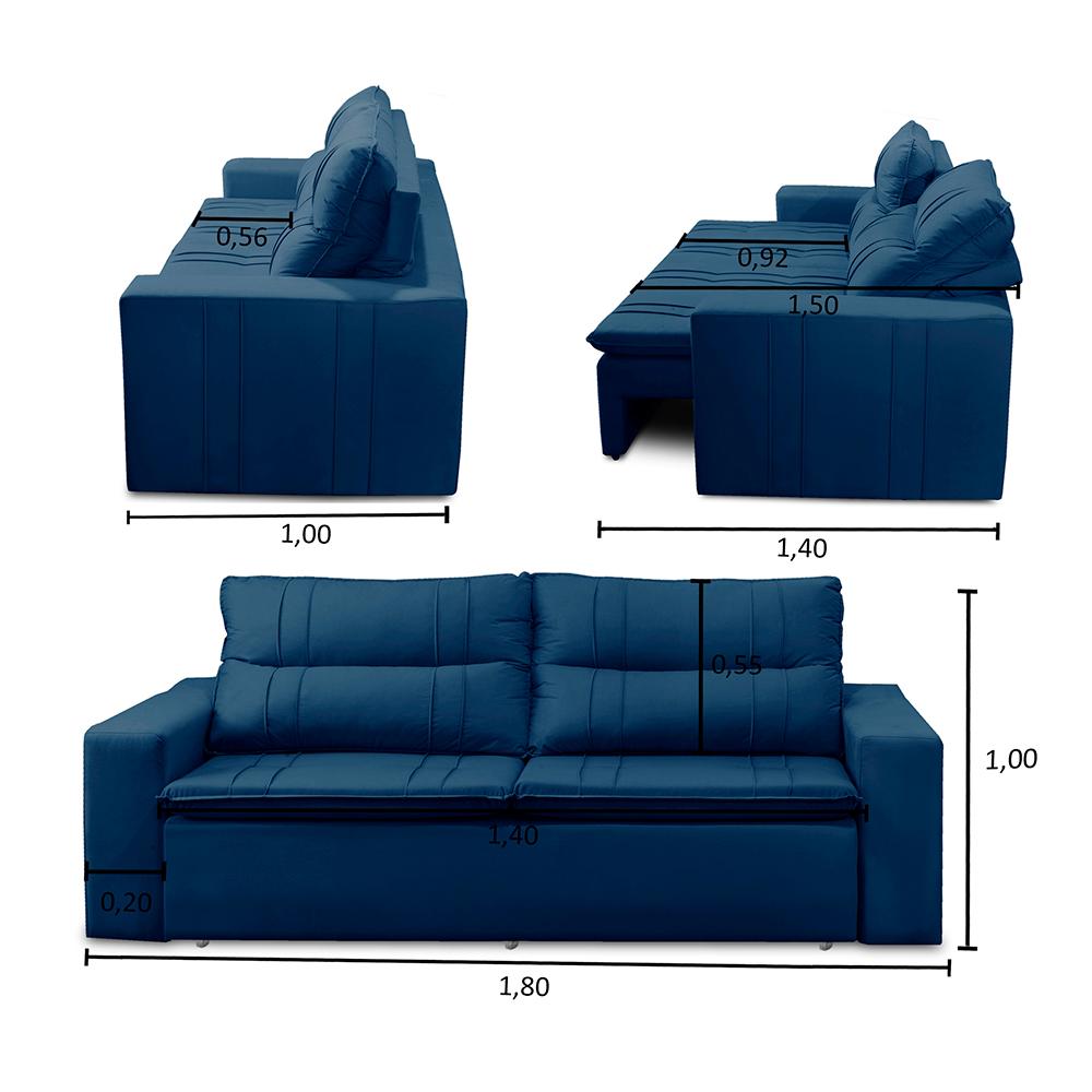 Sofá Retrátil e Reclinável 3 lugares com Molas 1,80m Ester Suede Azul Adonai Estofados