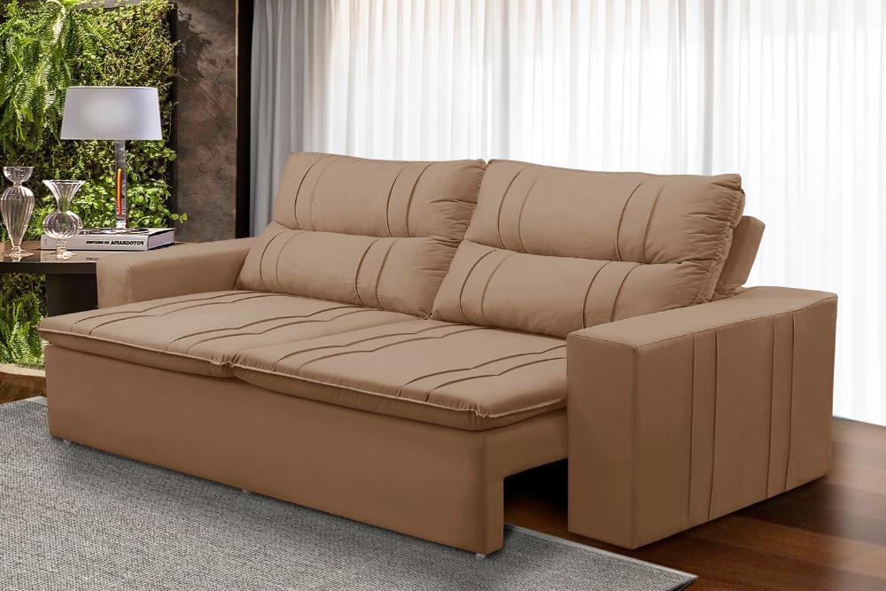 Sofá Retrátil e Reclinável 3 lugares com Molas 1,80m Ester Suede Cappuccino Adonai Estofados