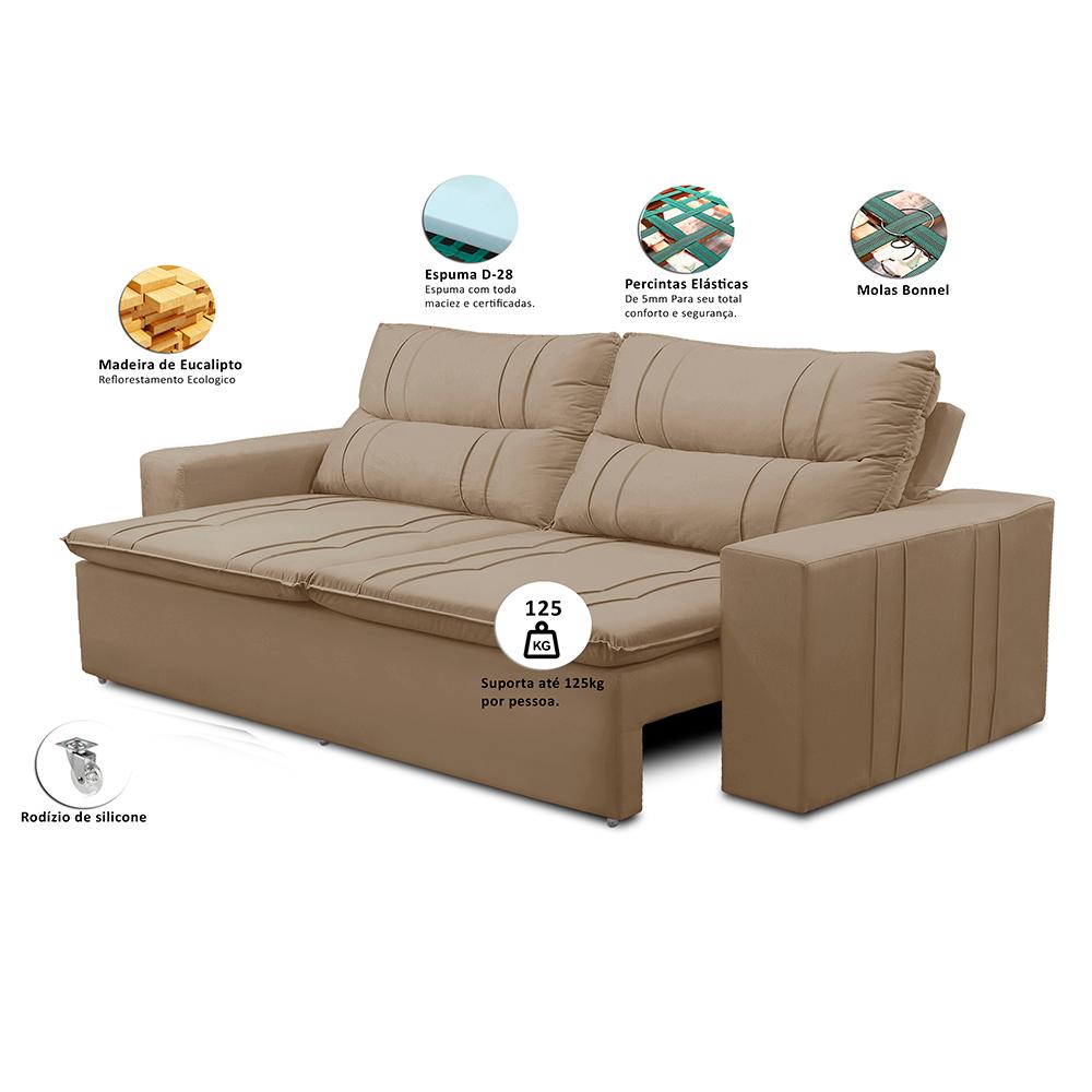 Sofá Retrátil e Reclinável 3 lugares com Molas 1,80m Ester Suede Cappuccino Adonai Estofados