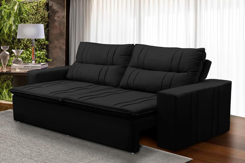 Sofá Retrátil e Reclinável 3 lugares com Molas 1,80m Ester Suede Preto Adonai Estofados