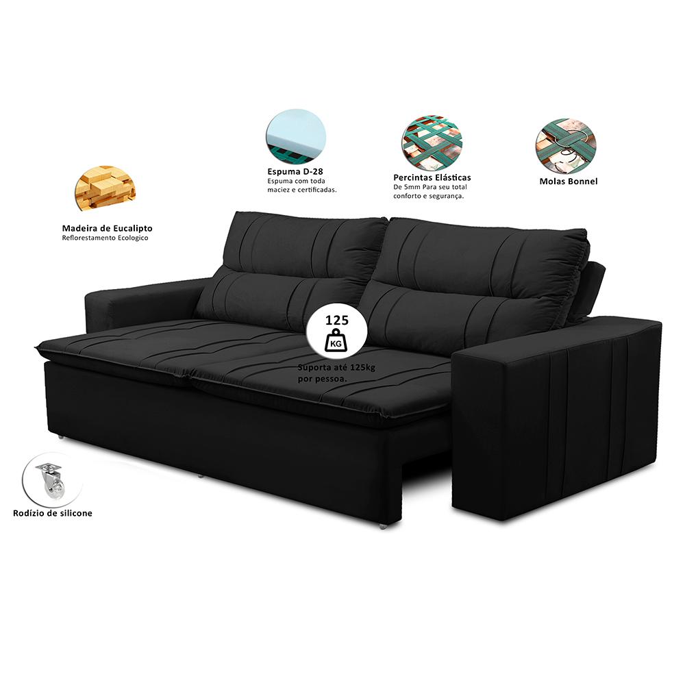 Sofá Retrátil e Reclinável 3 lugares com Molas 1,80m Ester Suede Preto Adonai Estofados
