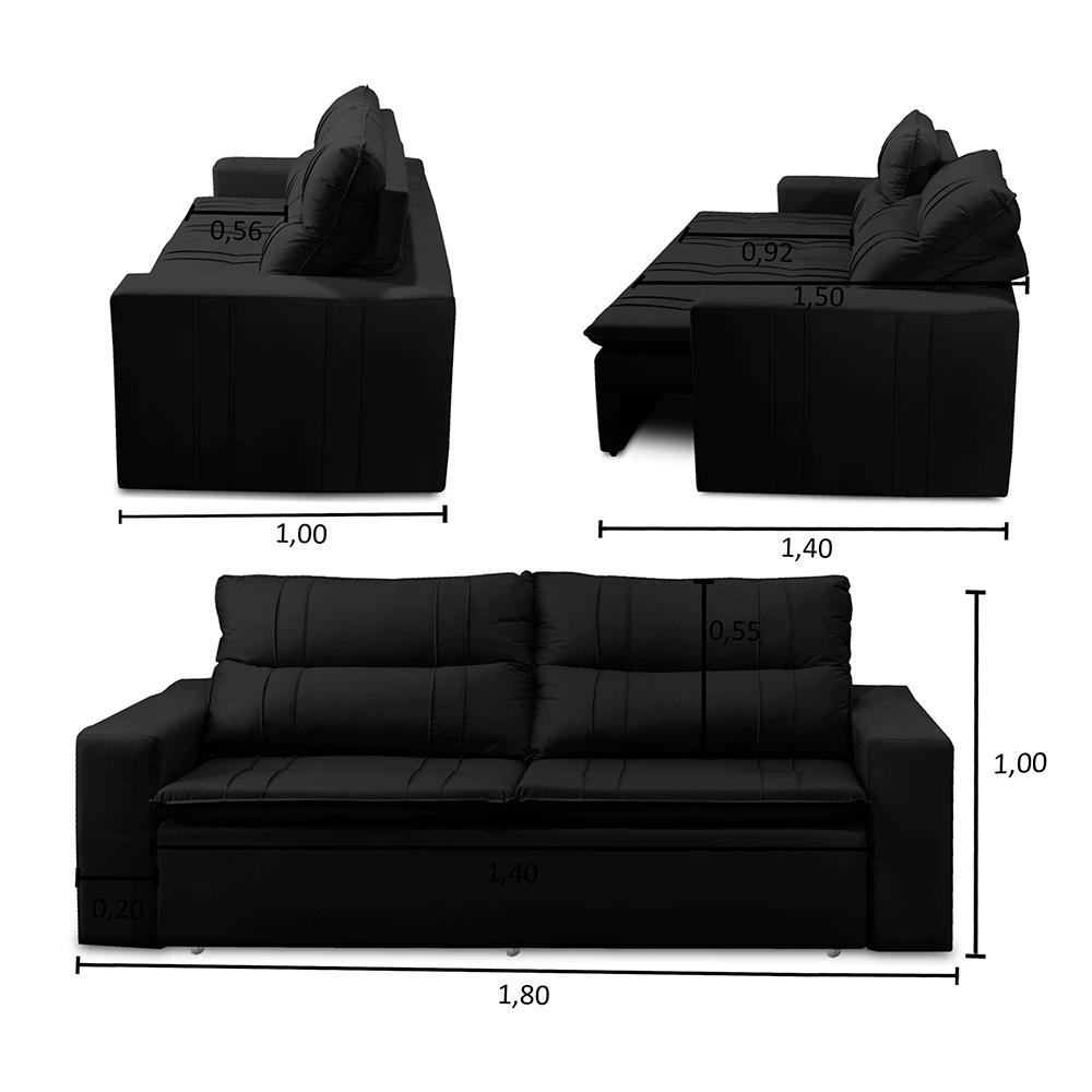 Sofá Retrátil e Reclinável 3 lugares com Molas 1,80m Ester Suede Preto Adonai Estofados