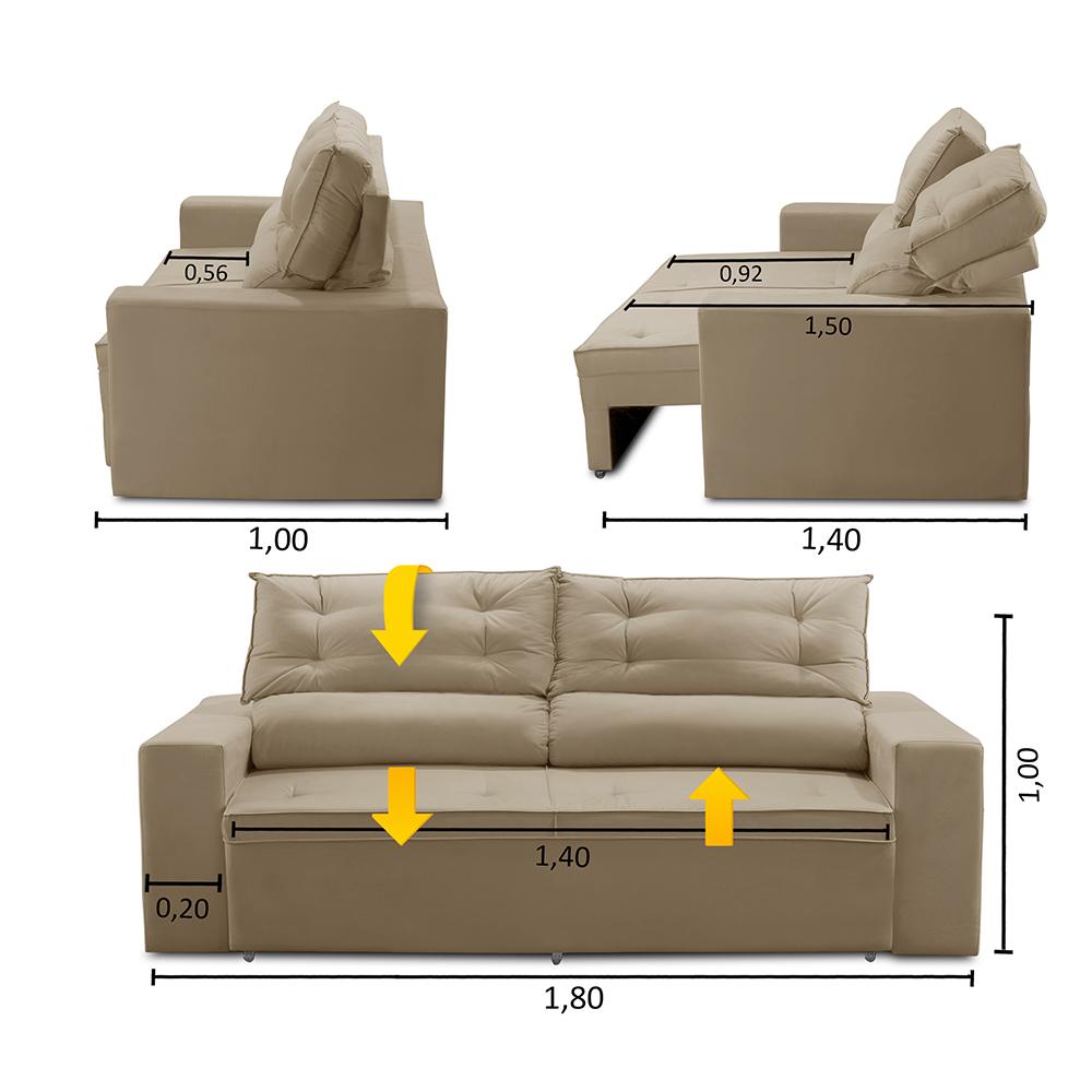 Sofá Retrátil e Reclinável 3 lugares com Molas 1,80m Lais Suede Bege Adonai Estofados