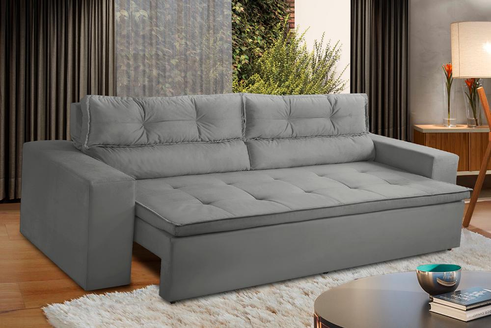 Sofá Retrátil e Reclinável 3 lugares com Molas 1,80m Vegas Suede Cinza Adonai Estofados