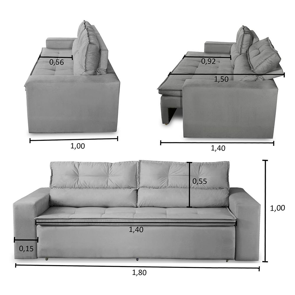 Sofá Retrátil e Reclinável 3 lugares com Molas 1,80m Vegas Suede Cinza Adonai Estofados