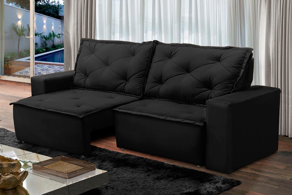 Sofá Retrátil e Reclinável 3 lugares com Molas 2,00m Ana Suede Preto Adonai Estofados