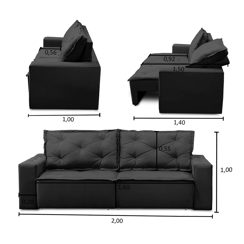 Sofá Retrátil e Reclinável 3 lugares com Molas 2,00m Ana Suede Preto Adonai Estofados