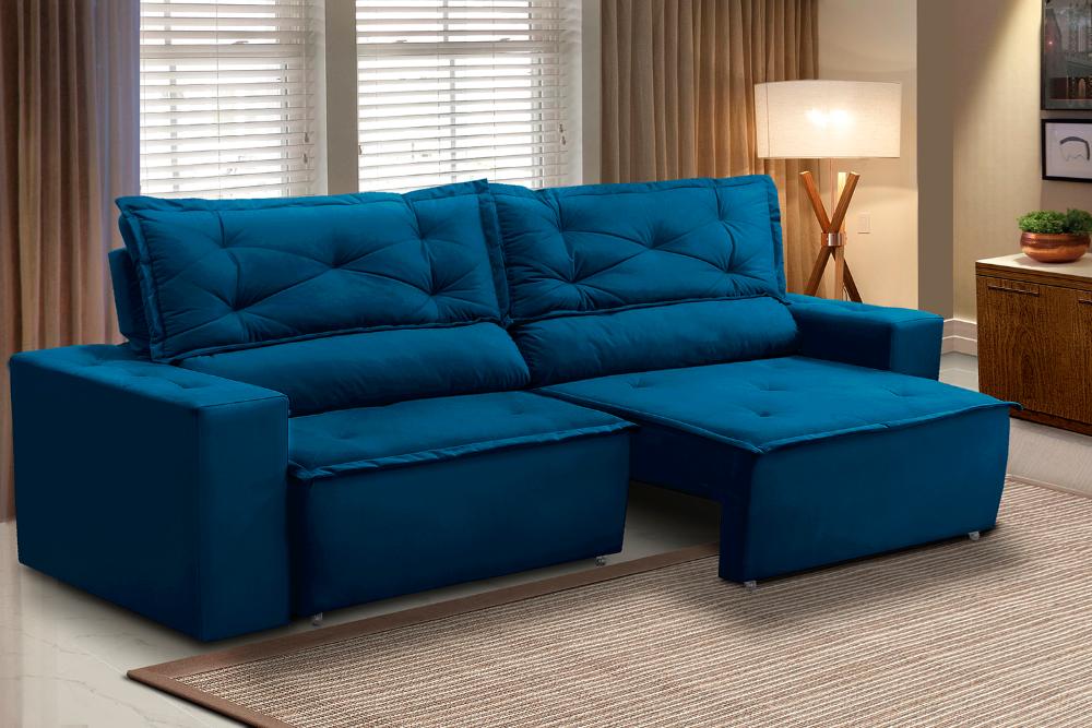 Sofá Retrátil e Reclinável 3 lugares com Molas 2,00m Livia Suede Azul Adonai Estofados