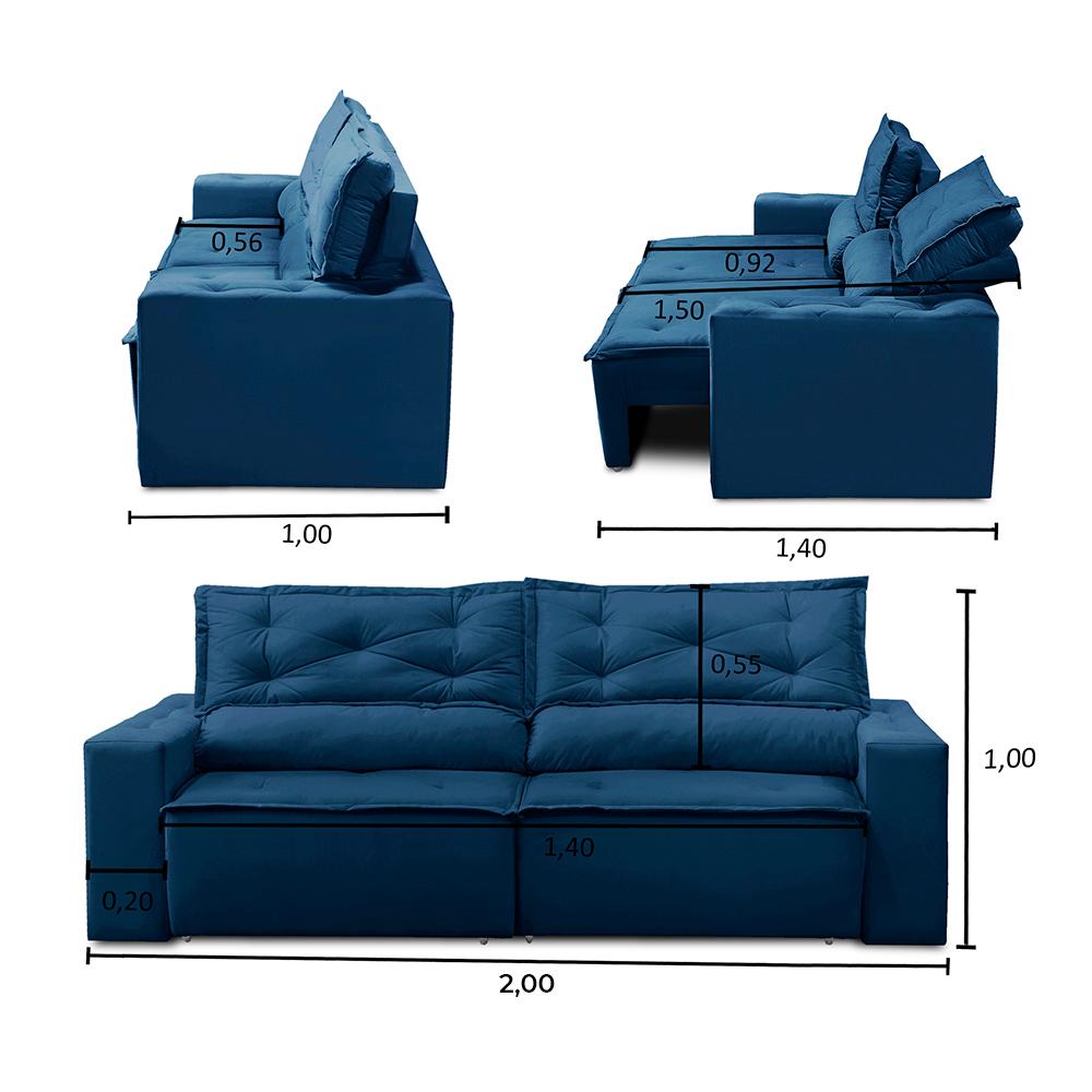 Sofá Retrátil e Reclinável 3 lugares com Molas 2,00m Livia Suede Azul Adonai Estofados