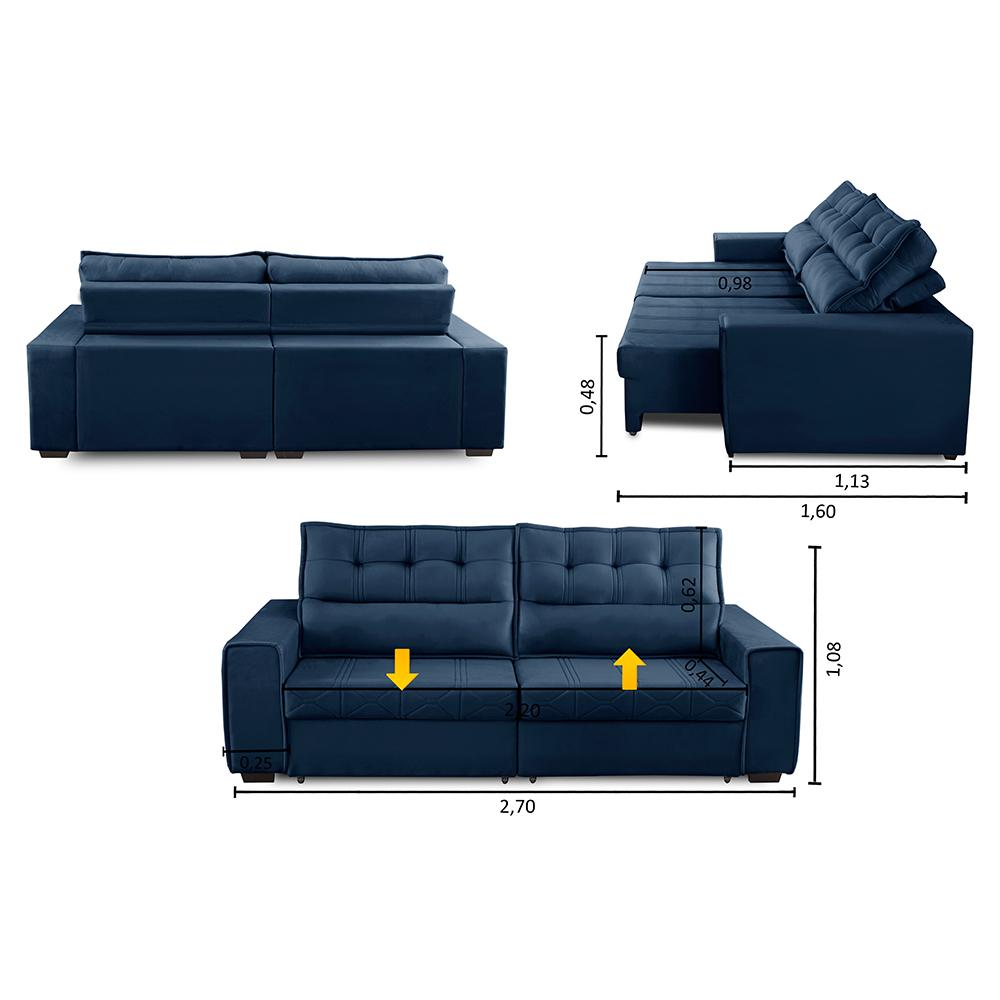 Sofá Retrátil e Reclinável 4 Lugares com Molas 2,70m Camila Suede Azul Adonai Estofados