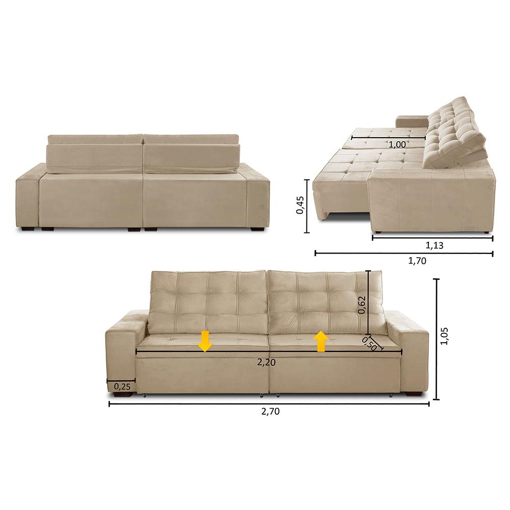 Sofá Retrátil e Reclinável 4 Lugares com Molas 2,70m Duda Suede Bege Adonai Estofados