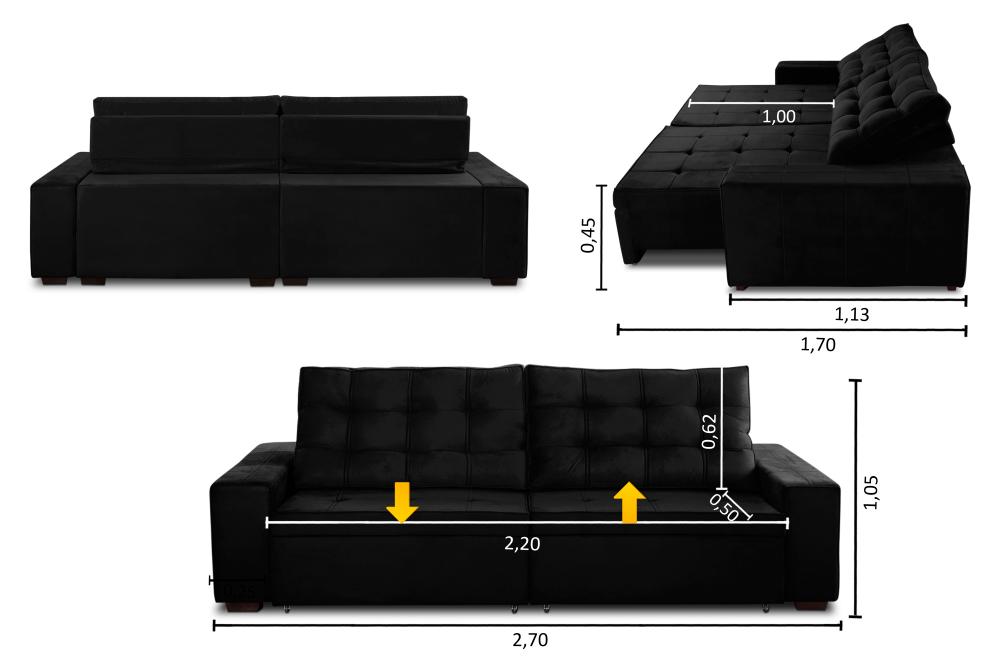 Sofá Retrátil e Reclinável 4 Lugares com Molas 2,70m Duda Suede Preto Adonai Estofados