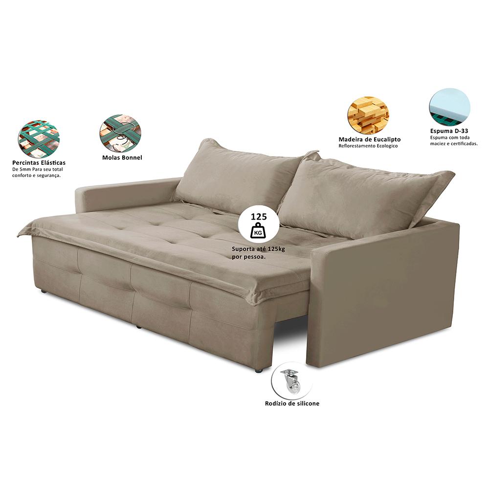 Sofá Sem Caixa Retrátil e Reclinável 1,65m com Molas Maísa Suede Cappuccino Adonai Estofados