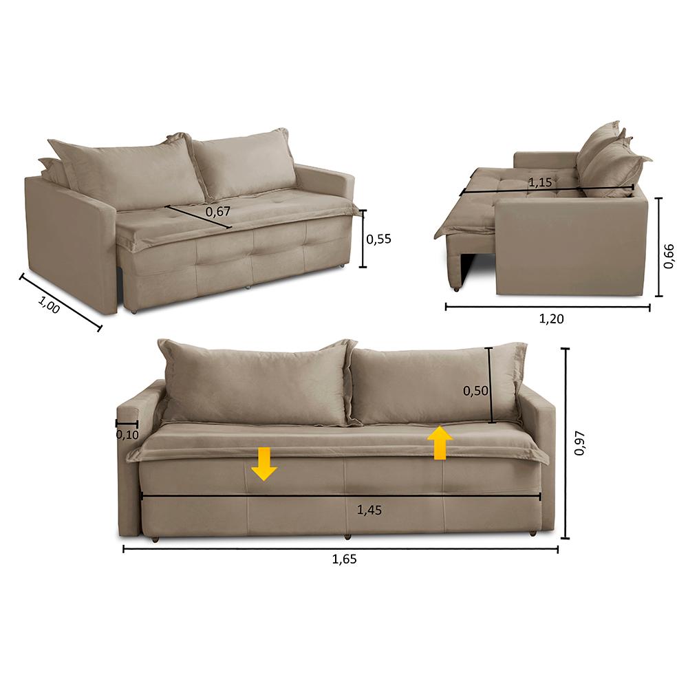Sofá Sem Caixa Retrátil e Reclinável 1,65m com Molas Maísa Suede Cappuccino Adonai Estofados