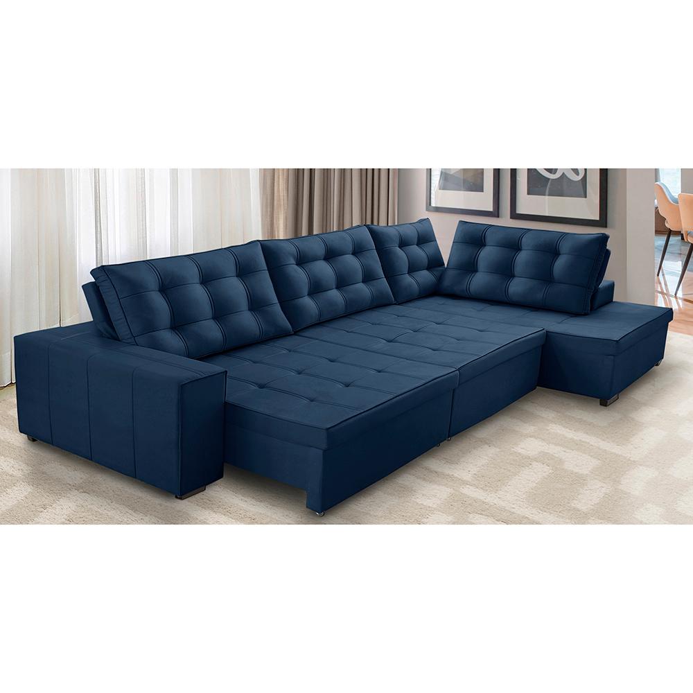 Sofá de Canto Retrátil e Reclinável com Molas 3,00x2,00 Jacke Suede Azul Adonai Estofados