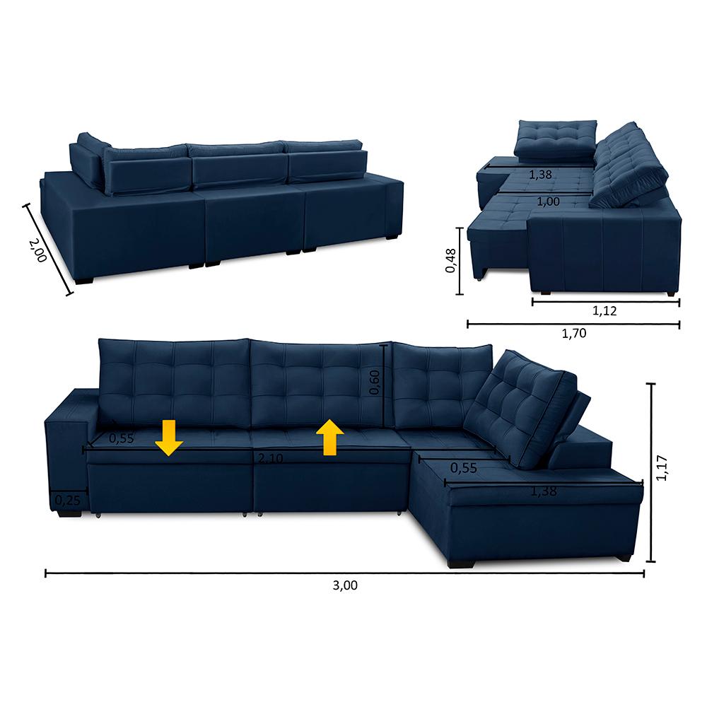 Sofá de Canto Retrátil e Reclinável com Molas 3,00x2,00 Jacke Suede Azul Adonai Estofados