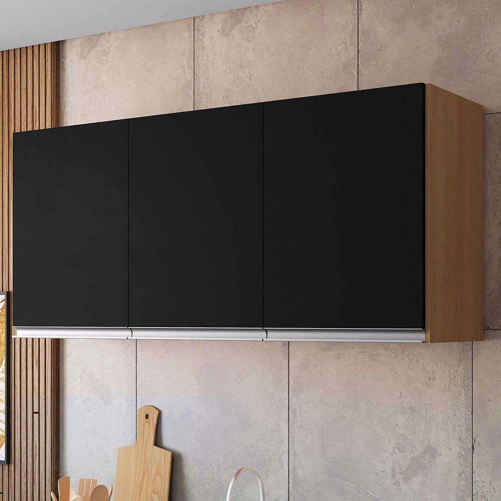 Armário Aéreo Andréia 120cm 3 Portas Amêndoa/Preto - AJL Móveis