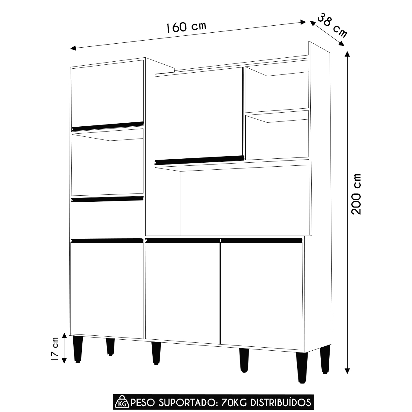 Armário de Cozinha Compacta 160cm 5 Portas Isabel Preto     - AJL Móveis