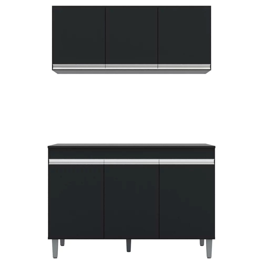 Armário e Balcão Gabinete Para Pia 120cm com Tampo 3 Portas Manu Preto - AJL Móveis