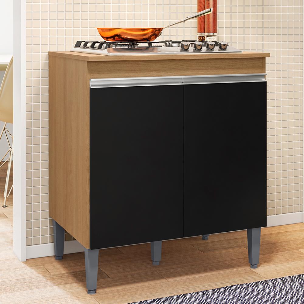Balcão Cooktop Andréia 79cm com 2 Portas Amêndoa/Preto - AJL Móveis