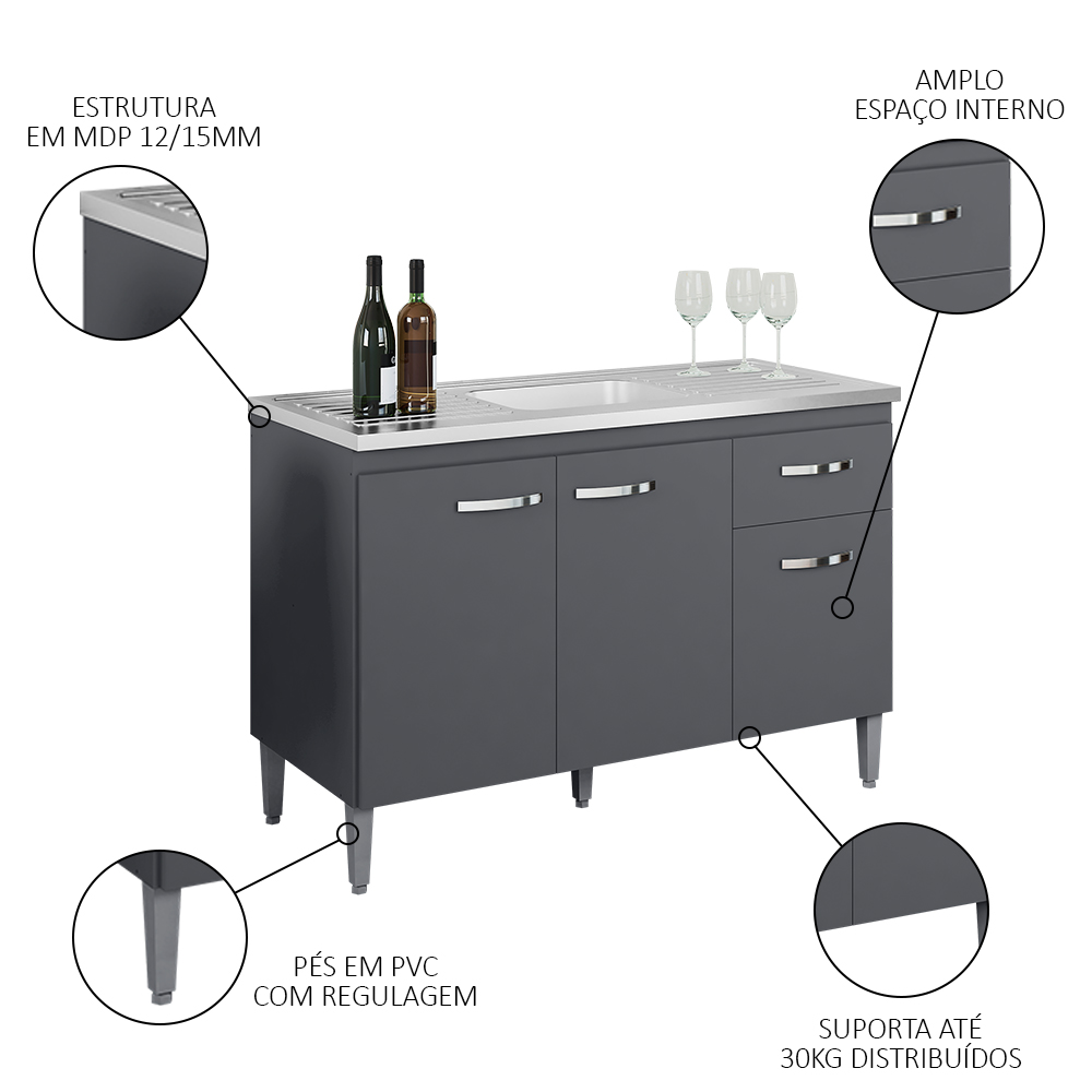 Balcão Gabinete Com Pia Inox 120cm 3 Portas e 1 Gaveta Gabriela Cinza - AJL Móveis