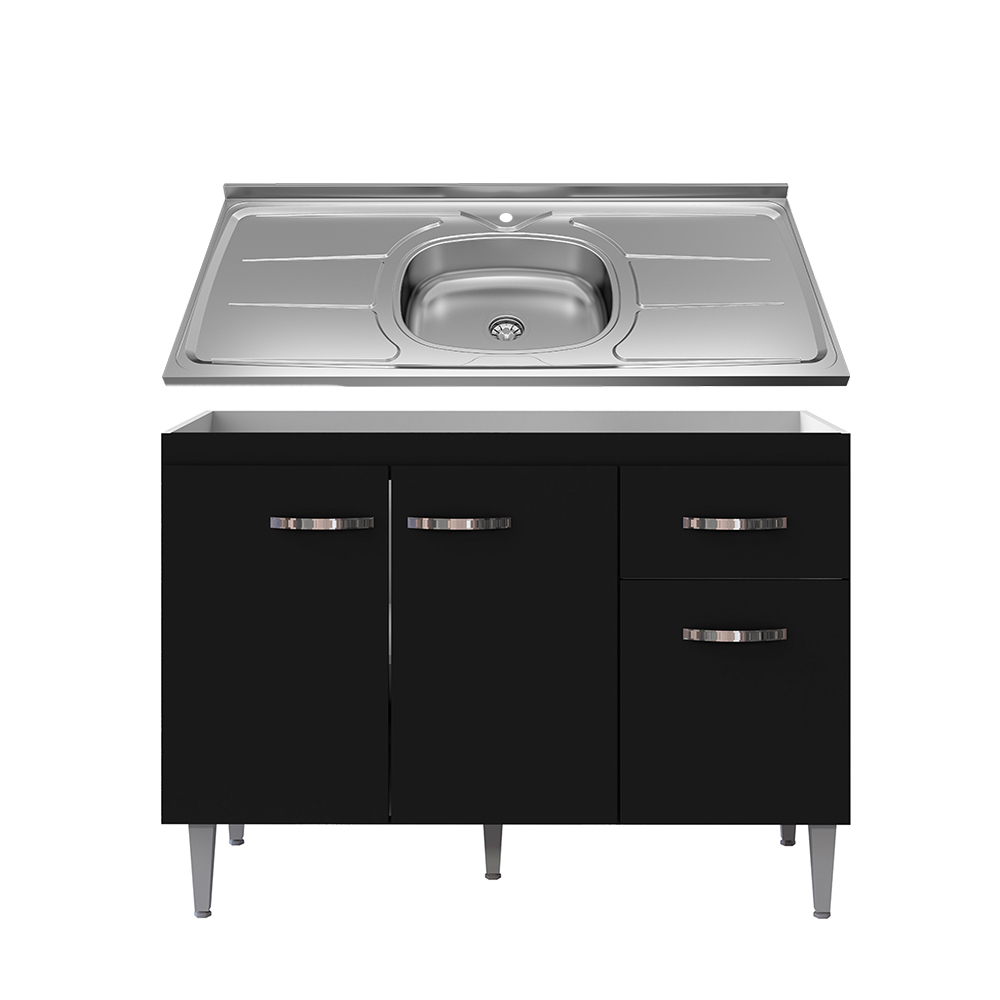 Balcão Gabinete Com Pia Inox 120cm 3 Portas e 1 Gaveta Gabriela Preto - AJL Móveis