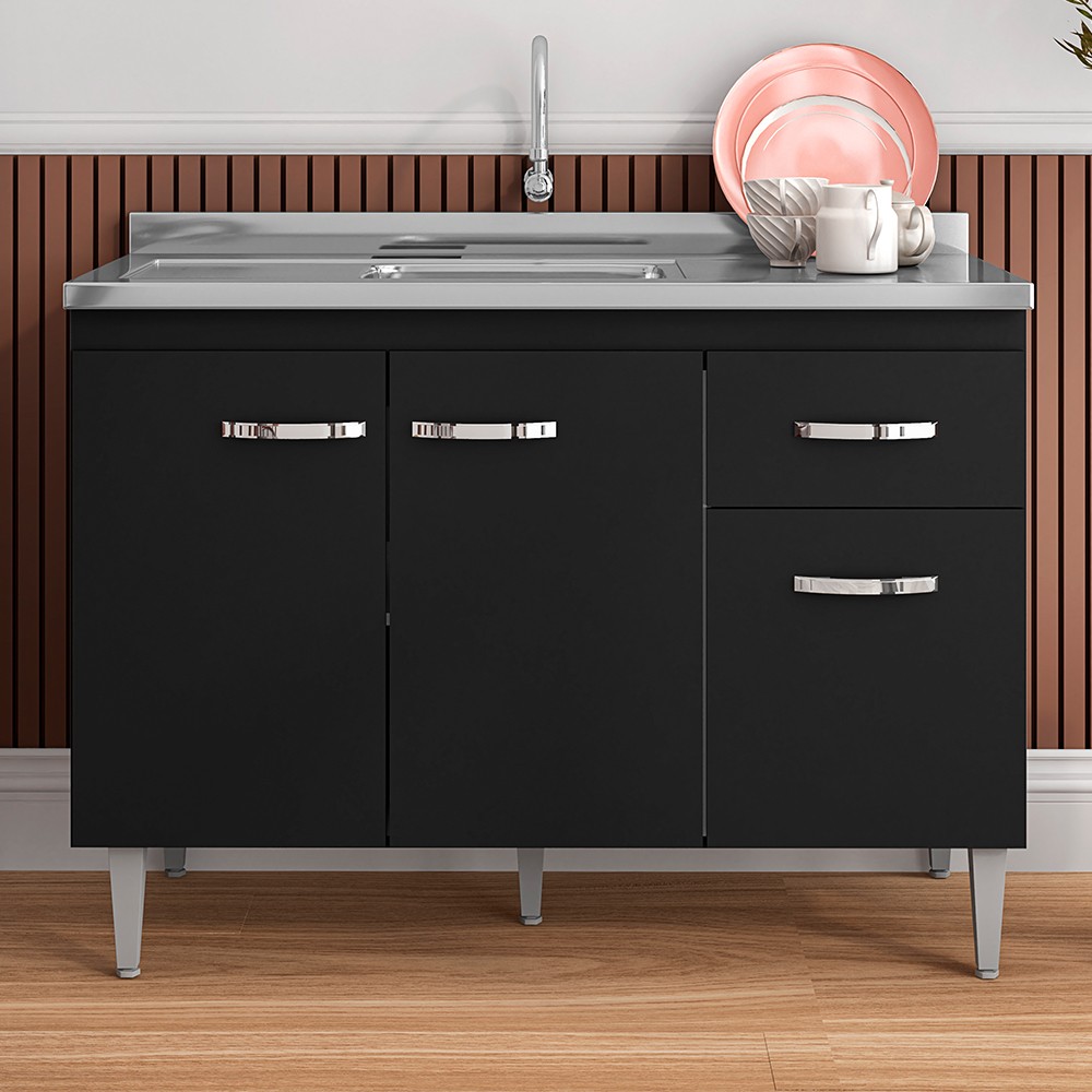 Balcão Gabinete Com Pia Inox 120cm 3 Portas e 1 Gaveta Gabriela Preto - AJL Móveis