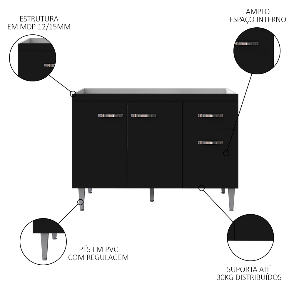 Balcão Gabinete Com Pia Inox 120cm 3 Portas e 1 Gaveta Gabriela Preto - AJL Móveis