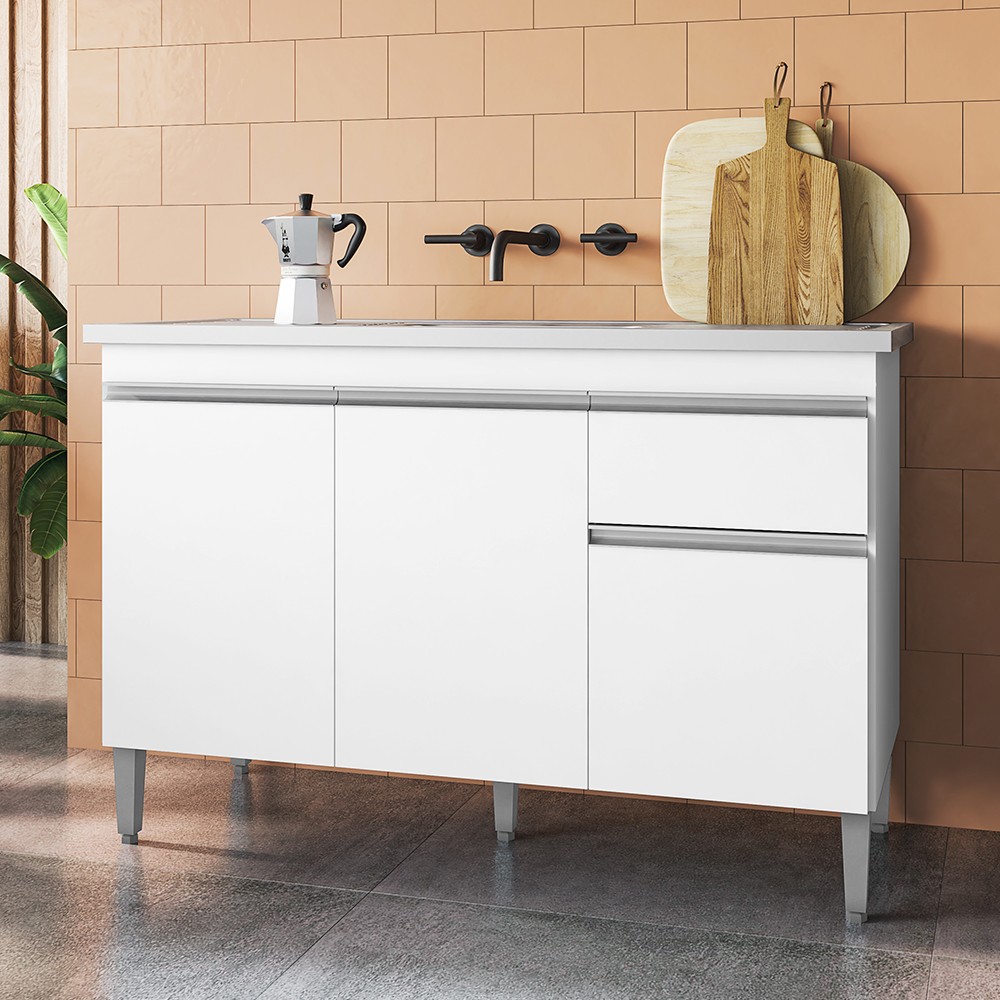 Balcão Gabinete Com Pia Inox 120cm 3 Portas e 1 Gaveta Tatiane Branco - AJL Móveis