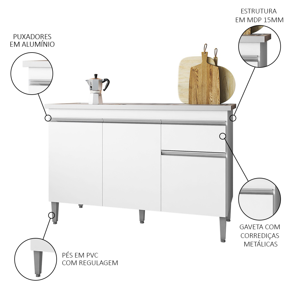 Balcão Gabinete Com Pia Inox 120cm 3 Portas e 1 Gaveta Tatiane Branco - AJL Móveis